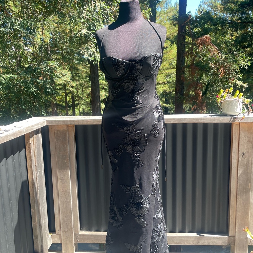 Black Embroidered Strapless Evening Dress